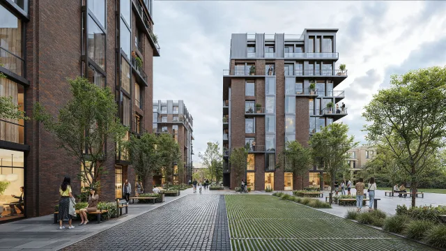 Рендер закритого двору ЖК Center Kolomea з озелененням та зонами відпочинку